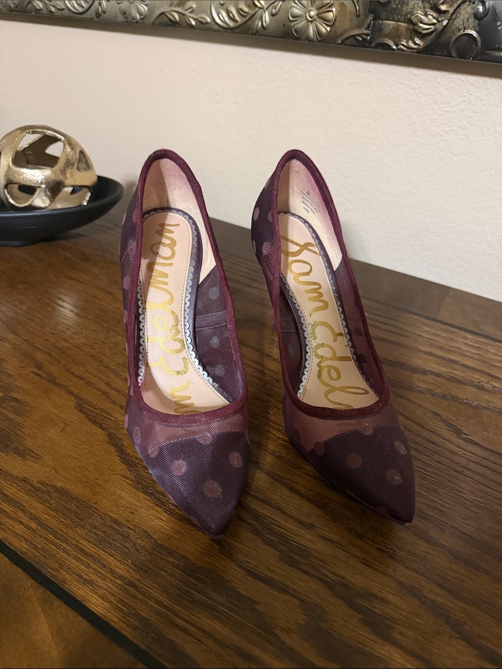 Sam Edelman Burgundy Polka Dot Mesh Pointed Pumps
